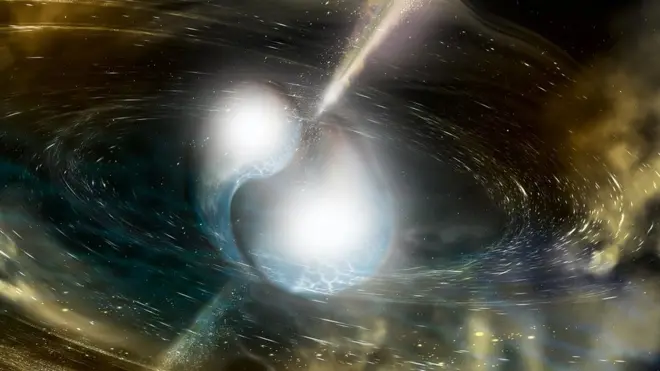 Ilustración de la colisión de dos estrellas de neutrones (Foto: AFP/SNF/LIGO/Universidad Estatal de Sonoma).