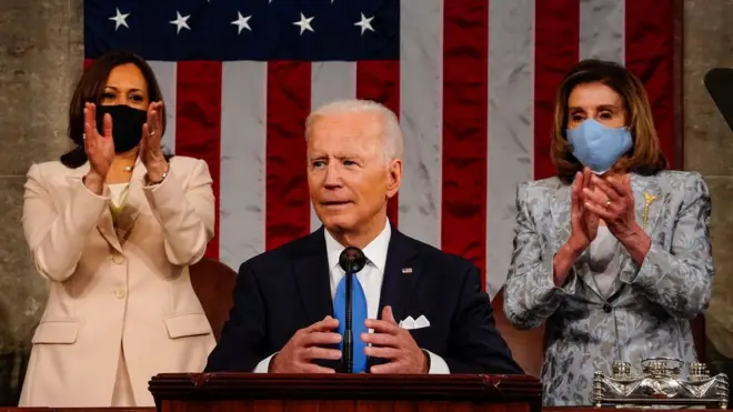 Joe Biden speaking to Congress in front of Kamala Harris and Nancy Pelosi