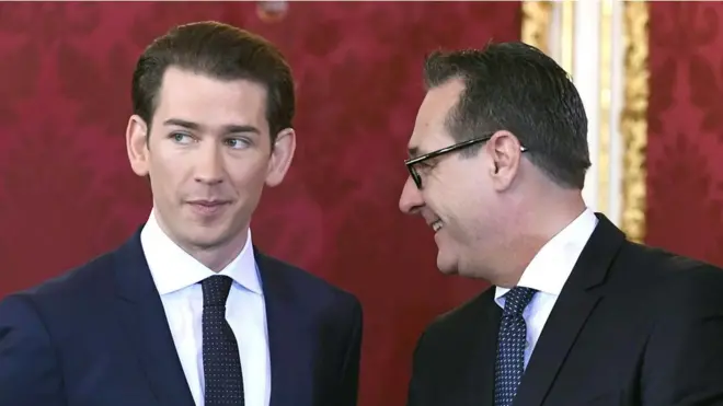 Seçimleri kazanan ancak hükümeti kuracak çoğuunluğu sağlayamayan Avusturya Halk Partisi'nin (ÖVP) lideri Sebastian Kurz (sağda), koalisyon kuracağı radikal sağcı Avusturya Özgürlük Partisi'nin (FPÖ) lideri Heinz- Christian Strache ile birlikte hükümet programını duyurdu.