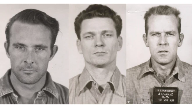 Clarence Anglin, Frank Morris y John Anglin en Alcatraz.