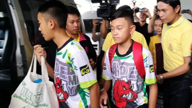 Some of the rescued twelve members of the Wild Boar soccer team depart from the Chiangrai Prachanukroh Hospital in Chiang Rai province, Thailand, 18 July 2018