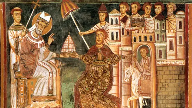 Un fresco de un autor desconocido muestra al papa Silvestre con el emperador Constantino.