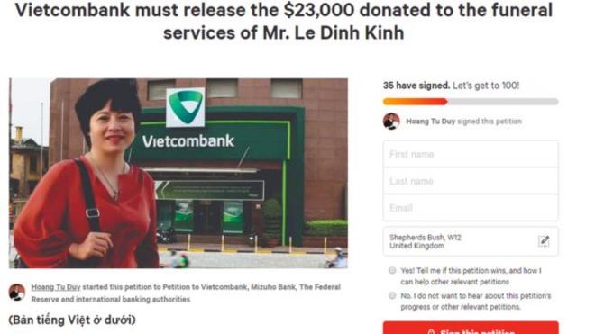 Kiến nghị trên change.org yêu cầu Vietcombank tháo khoán số tiền phúng điếu cụ Kình trong tài khoản của bà Hạnh