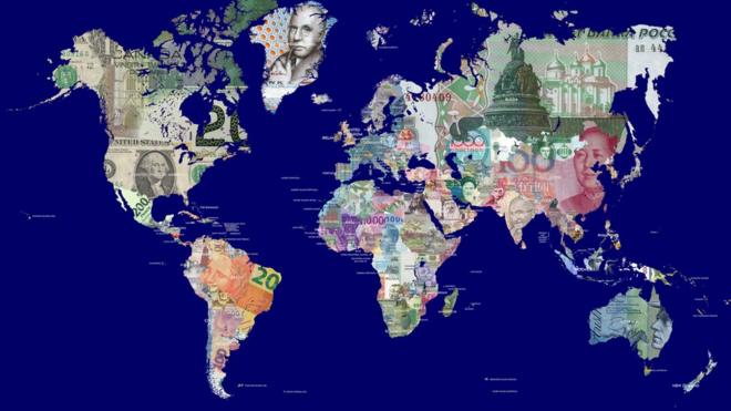 Mapa del mundo con sus distintas divisas.