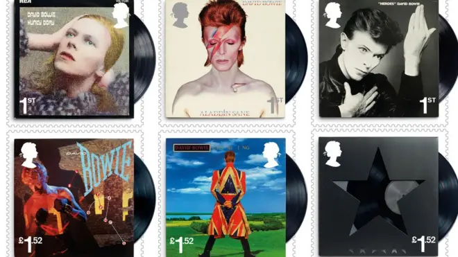 На марках изображены некоторые из обложек альбомов Боуи