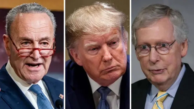 Senator Demokrat, Chuck Schumer (kiri) dan Senator Republik, Mitch McConnell (kanan) menjadi pemain kunci dalam sidang pemakzulan Presiden Trump di Senat.