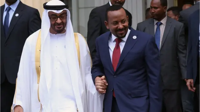 የተባበሩት ዓረብ ኤምሬትስ አልጋ ወራሽ ሼክ መሐመድ ቢን ዛይድ አልናህያንና ጠቅላይ ሚኒስትር አብይ አህመድ