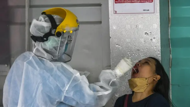 Petugas kesehatan melakukan tes usap PCR di Jakarta, Senin (25/10/2021). Koordinator Tim Pakar dan Juru Bicara Pemerintah untuk Penanganan COVID-19 Wiku Adisasmito mengatakan alasan pemerintah mewajibkan penumpang pesawat wajib swab test Polymerase Chain Reaction (PCR) COVID-19.