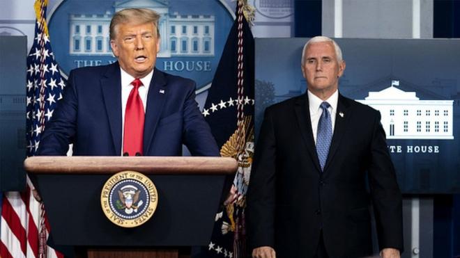President Donald Trump speaks during a news conference with Vice President Mike Pence