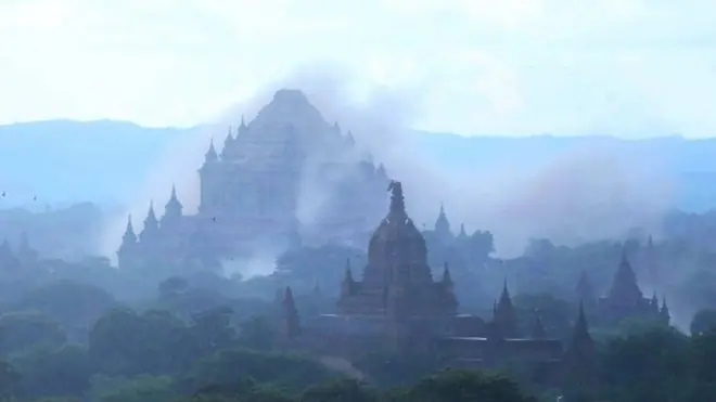 The Dhammayangi temple in Bagan pictured as the earthquake struck
