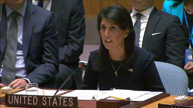 Nikki Haley, sitting at her seat in the UN Security Council