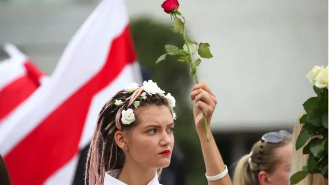 A woman takes part in the March of Seniors in central Minsk in August 2020