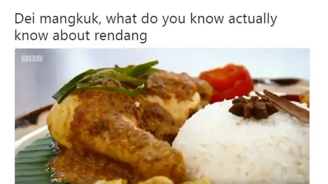 Rendang ayam yang dimasak oleh kontestan Masterchef UK bernama Zaleha Kadir Olpin yang membuatnya tersingkir karena dinilai "tidak renyah".
