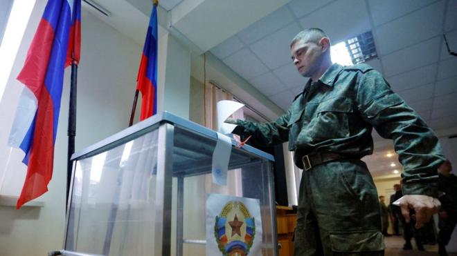 The referendums are being held across four occupied regions of Ukraine, including Luhansk