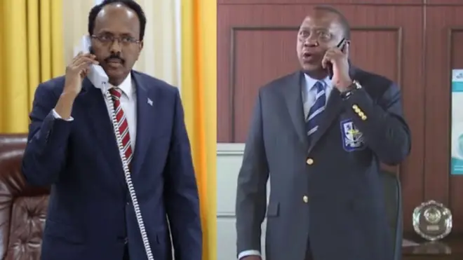 Madaxweynaha Soomaaliya Maxamed Cabdullaahi Farmaajo (bidix) iyo dhiggiisa Kenya Uhuru Kenyatta