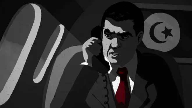 Ilustración de Ben Alí en un avión hablando por teléfono