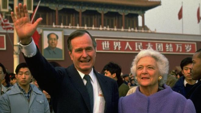 George HW Bush wife Barbara in Tiananmen Square in Beijing during a visit to China IN 1989