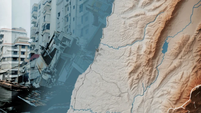 A relief map of Lebanon showing the mountains to the east of Beirut with a photograph of damaged buildings imposed in the background.