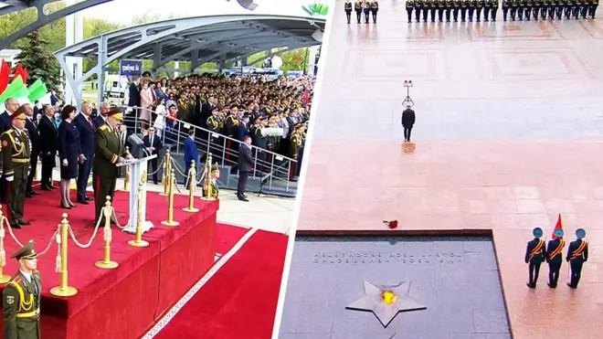 Торжества ко Дню Победы в Минске (слева) и в Москве (справа).