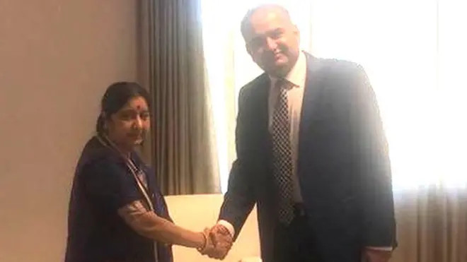 भारतीय विदेश मंत्री सुषमा स्वराज से मिलते पाकिस्तानी सांसद रमेश कुमार वंकवानी