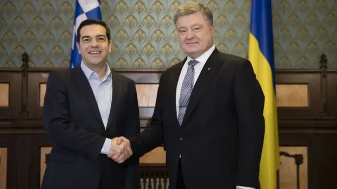 Премьер-министр Греции Алексис Ципрас и президент Украины Петр Порошенко