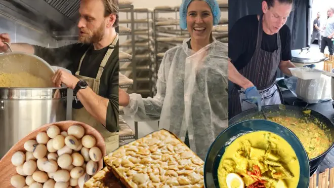 Oliver Laudus, Alexandra Longton dan William Mitchell mencoba berbagai menu tempe.