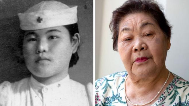 Two photos, one showing Teruko Ueno as a nurse as a young woman, and one showing her as an elderly woman