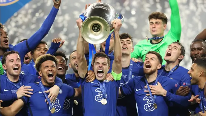 Chelsea celebrate after beating Manchester City to win the Champions League in 2021