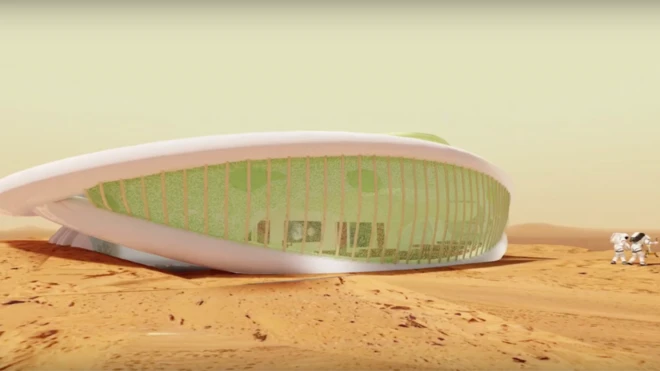 ภาพจากฝีมือศิลปินเผยให้เห็นอาคารต้นแบบที่จะสร้างด้วยเห็ดราบนดาวอังคาร