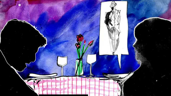 Illustration of a couple talking in a restaurant