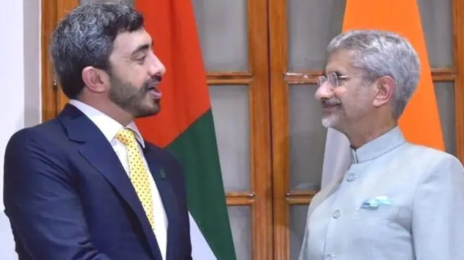दिल्ली में एस जयशंकर से मुलाक़ात करते यूएई के विदेश मंत्री शेख अब्दुल्लाह बिन ज़ायद