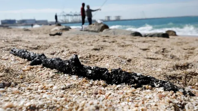 Ashdod in Israel - tar from a suspected oil spill 21 February 2021