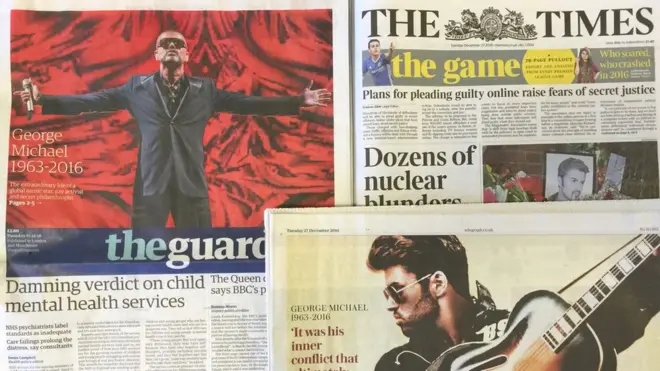 乔治·迈克尔去世的消息是英国媒体周二（12月27日）的重点报道内容