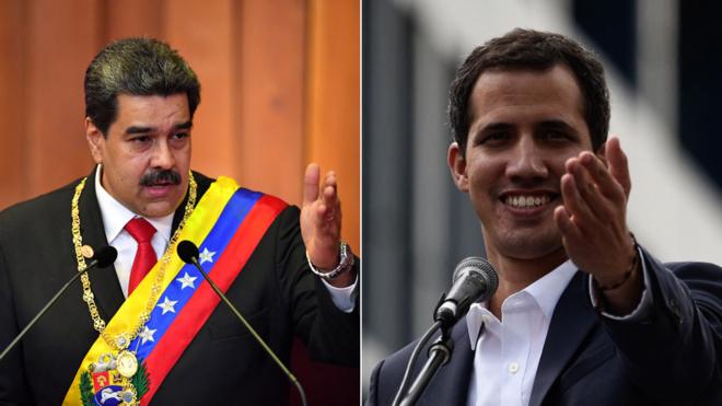 Composite photo showing Nicolás Maduro (left) and Juan Guaidó