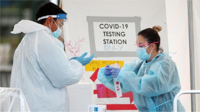 Nurses at Otara Town Centre Covid Testing centre prepare to test the public on August 26, 2020 in Auckland, New Zealand.