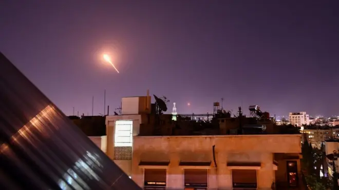 File photo from 20 July 2020 showing Syrian air-defence missile fired from near Damascus during Israeli air strikes