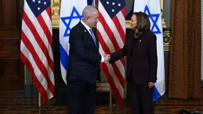 在与以色列总理内塔尼亚胡会晤约40分钟后，卡玛拉·哈里斯表示她对以色列有"坚定承诺"以及其自卫的权利