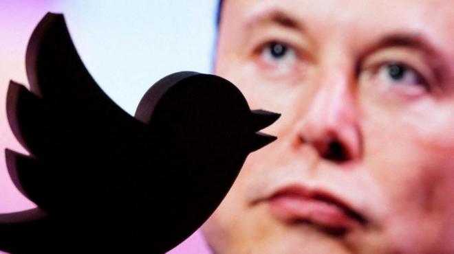 Musk with a Twitter logo