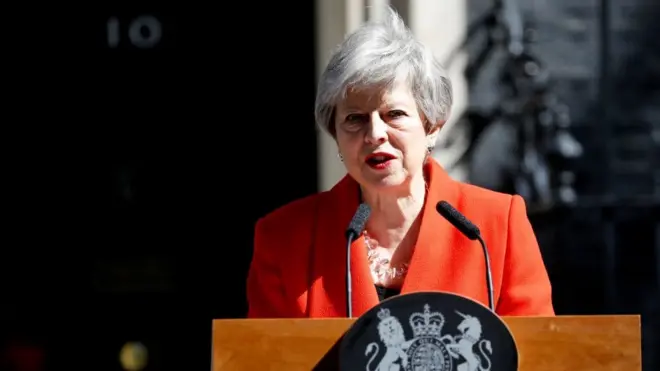 Theresa May announcing she will step down in front of Downing St