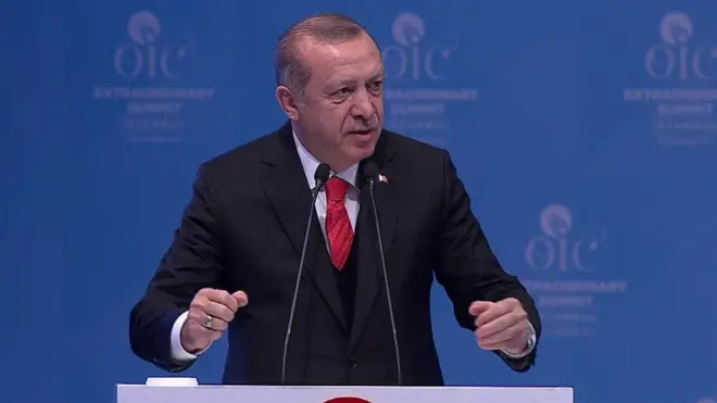 Turkish President Recep Tayyip Erdogan address the meeting of the Organisation for Islamic Cooperation in Istanbul on Wednesday