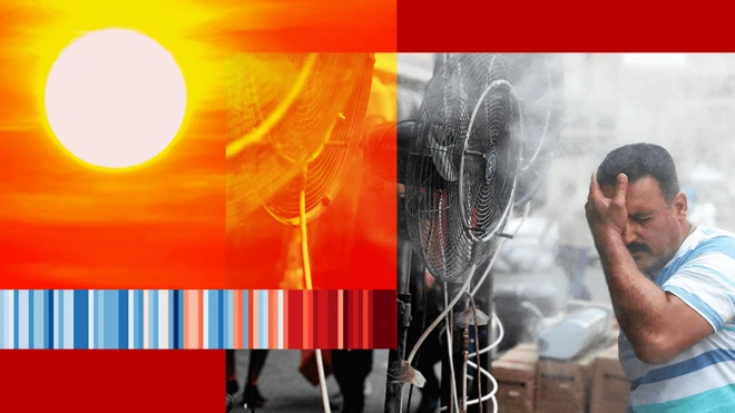 Image of a man trying to cool off in front of a fan