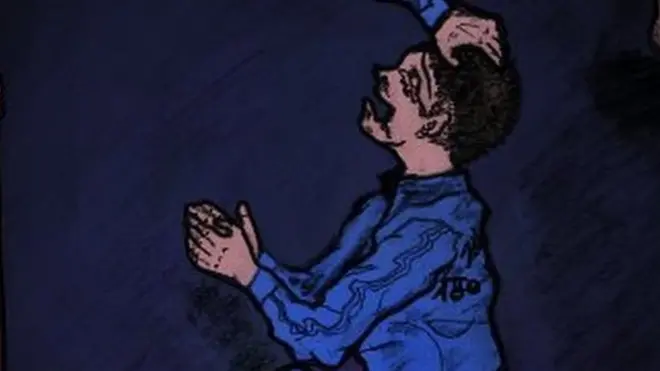 A drawing of a little boy begging