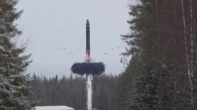 A Russian Yars intercontinental ballistic missile is launched during the exercises by nuclear forces in an unknown location in Russia, in this still image taken from video released February 19, 2022.