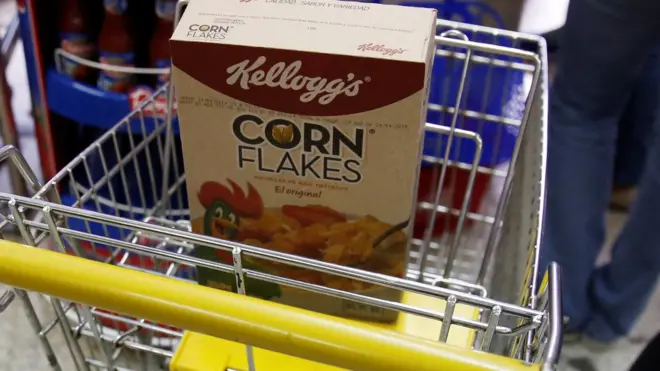 A box of Kellogg's Corn Flakes on a shopping trolley inside a shop in Caracas, Venezuela May 15, 2018