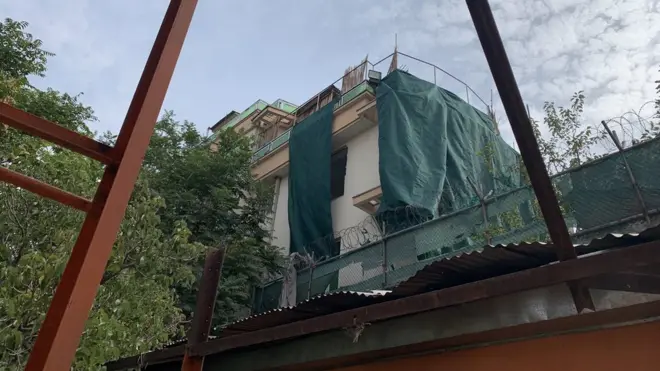 This is the suspected location of the strike in Kabul - with the balcony now covered up