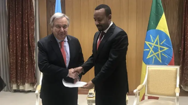 ጠቅላይ ሚኒስትር ዐብይ አህመድና የተባበሩት መንግስታት ድርጅት ዋና ፀሃፊ አንቶኒዮ ጉትሬዝ