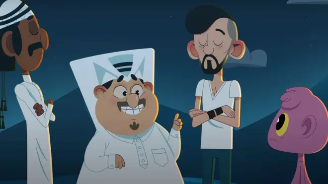 Los cuatro personajes protagonistas de la serie: tres qataríes y un alien.