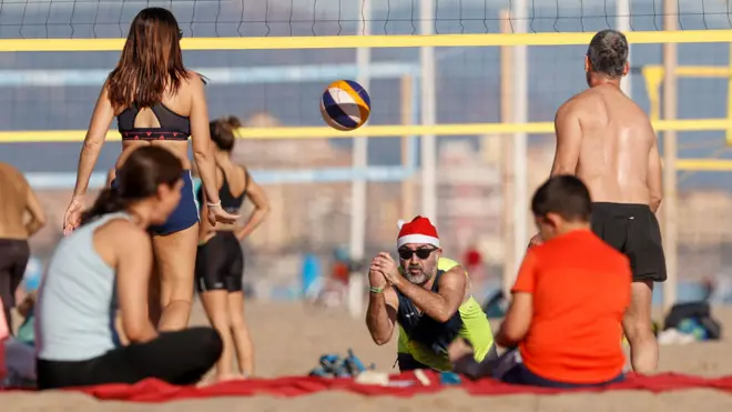 Volleyball game on Malvarrosa beach, Valencia, Spain - 24 December