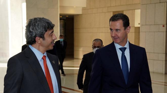 وزير الخارجية الإماراتي، عبد الله بن زايد آل نهيان، يلتقي الرئيس السوري، بشار الأسد في دمشق