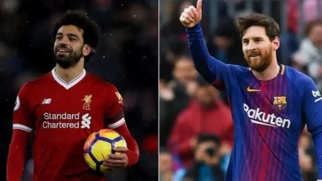 Mohamed Salah kushoto na mshambuiaji wa Barcelona nyota Lionel Messi kulia